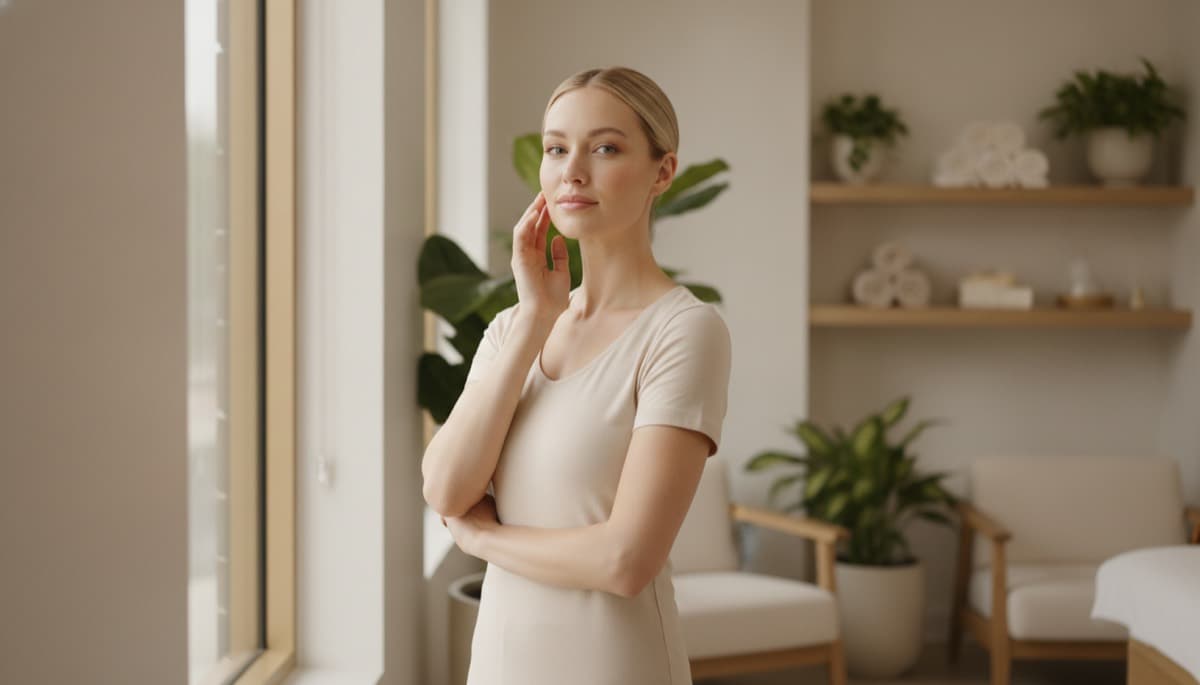 Woman with healthy glowing skin in soft morning light at Nuvera Aesthetics and Wellness in Raleigh