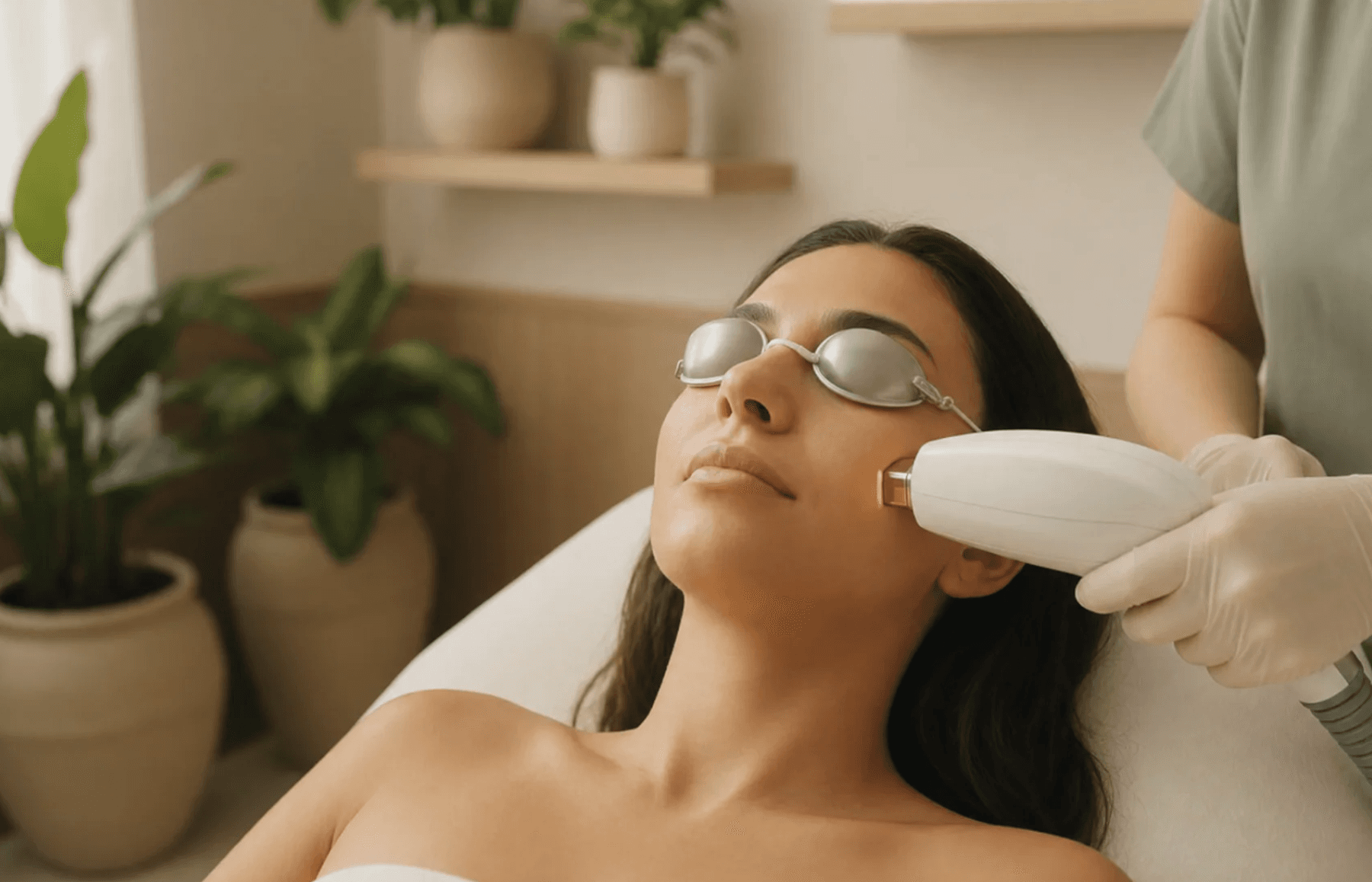 Licensed esthetician performing a laser treatment on a client's face at Nuvera Aesthetics and Wellness in Raleigh, NC
